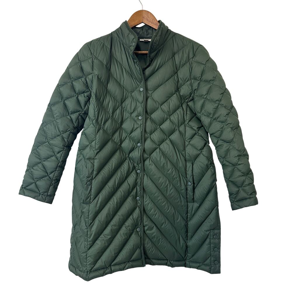 J. Jill Quilted Down Puffer Coat Green Longline Lightweight Packable M Petite